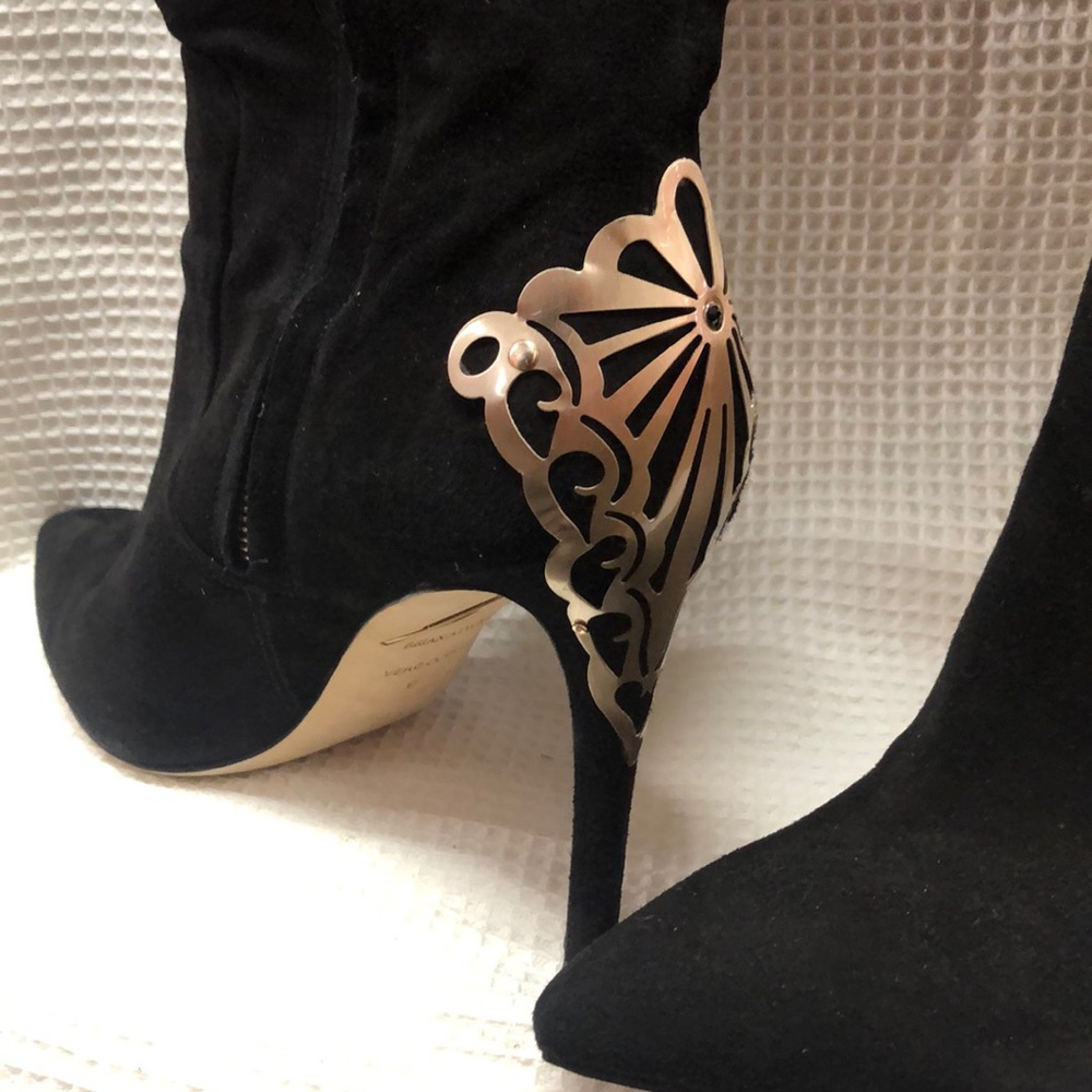 Brian Atwood tall suede boots w/ gold heel accent